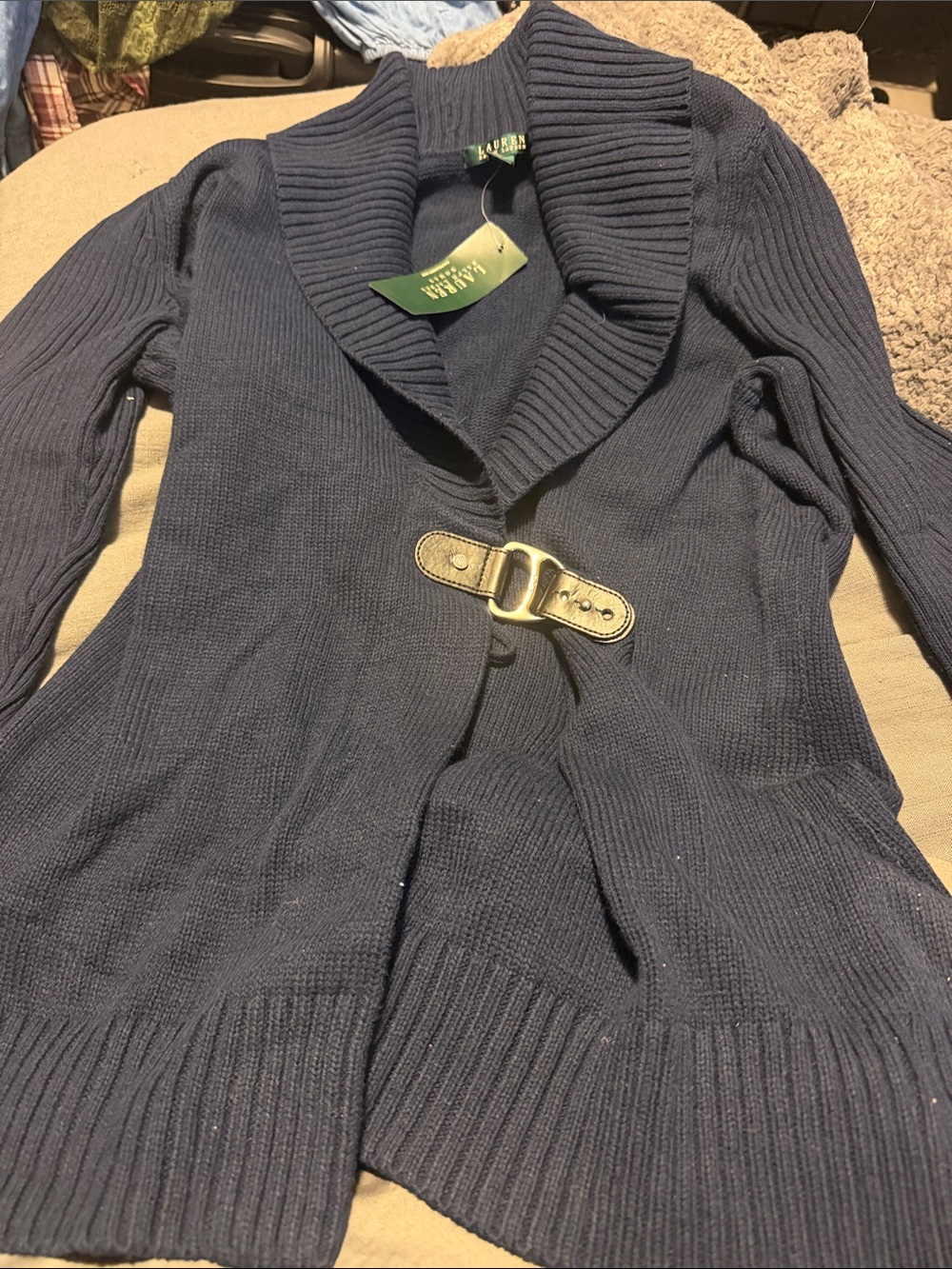 Lauren Ralph Lauren Navy Shawl Collar Cardigan with Buckle